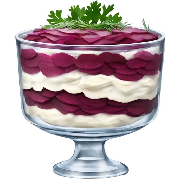Shuba russian Layered Beet dish  with Herring and mayonnaise in Crystal bowl, dill on top  emoji