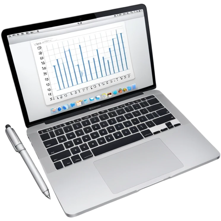 top view of a MacBook, open notebook with visible handwritten bar charts, and pen beside them emoji