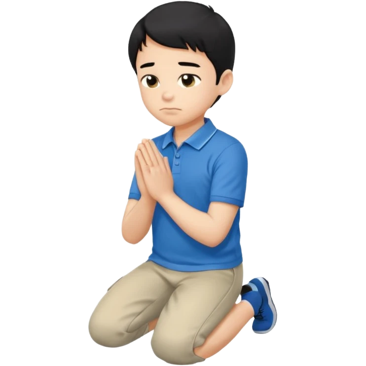 In Niño de cabello negro , arrodillado orando con polo azul emoji
