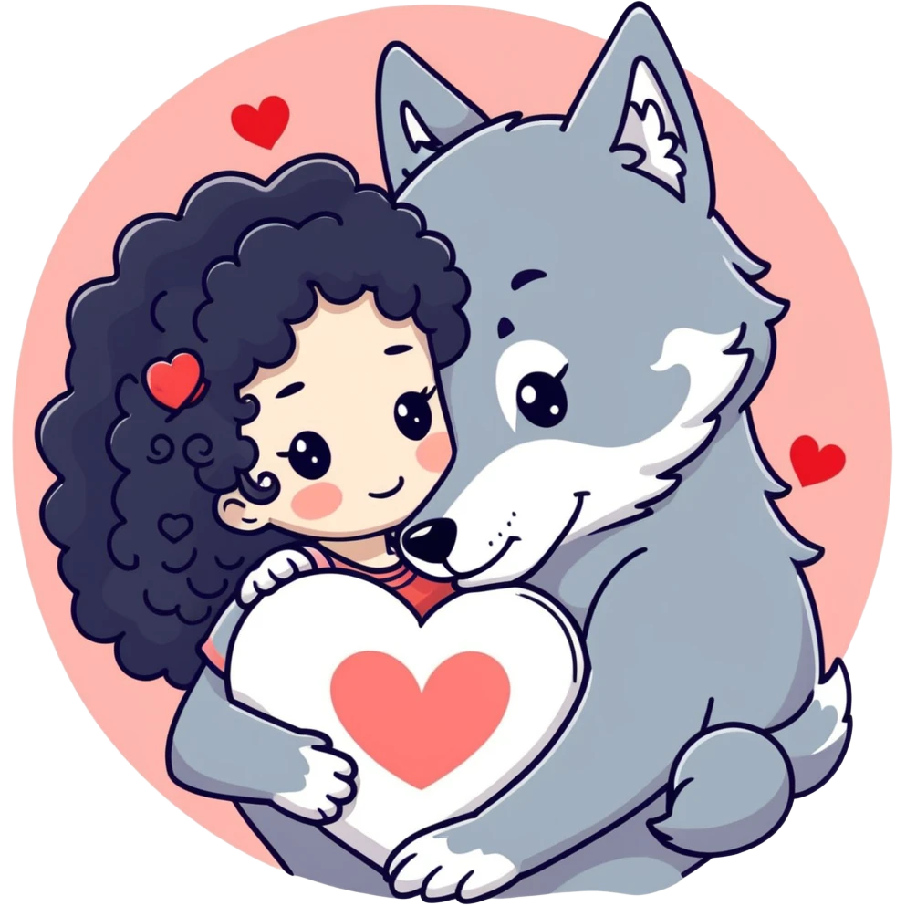 Black curly hair white skin girl hugging one big wolf with hearts above them emoji