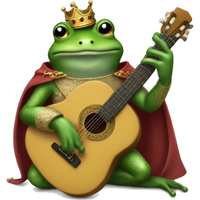 A medieval anthropomorphic frog playing a guitar and dressed as a prince emoji