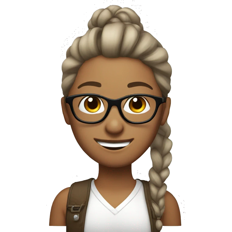 white, brown hair in ponytail, glasses and winking and peace sign emoji