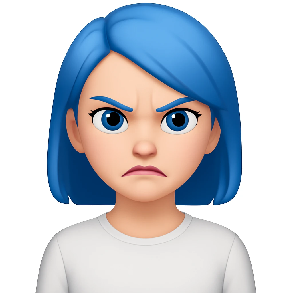 emoji of a girl with blue hair to shoulders, blue eyes, pink lips, wearing a white shirt, angry expression emoji