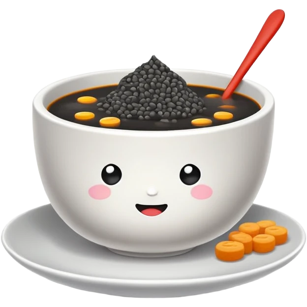 Black sesame soup sweet dessert in bowl, simplified emoji style with bold outlines and bright colors, cartoon style Zhi Ma Hu traditional Chinese treat emoji