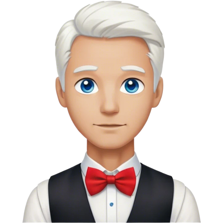 Handsome bartender with white hair and blue eyes. White shirt with black vest and a red bowtie emoji