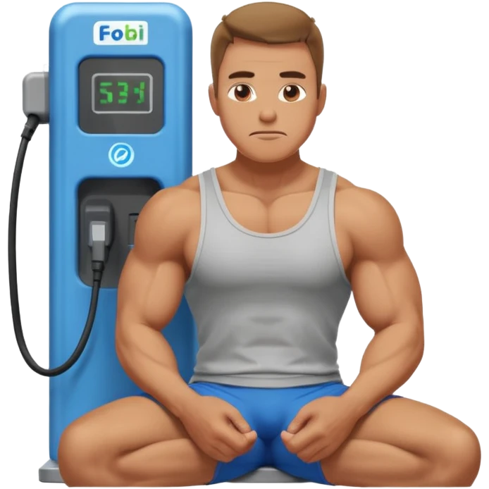 A naked man with bulging muscles sits in a thoughtful pose at a Bluetti charging station. emoji