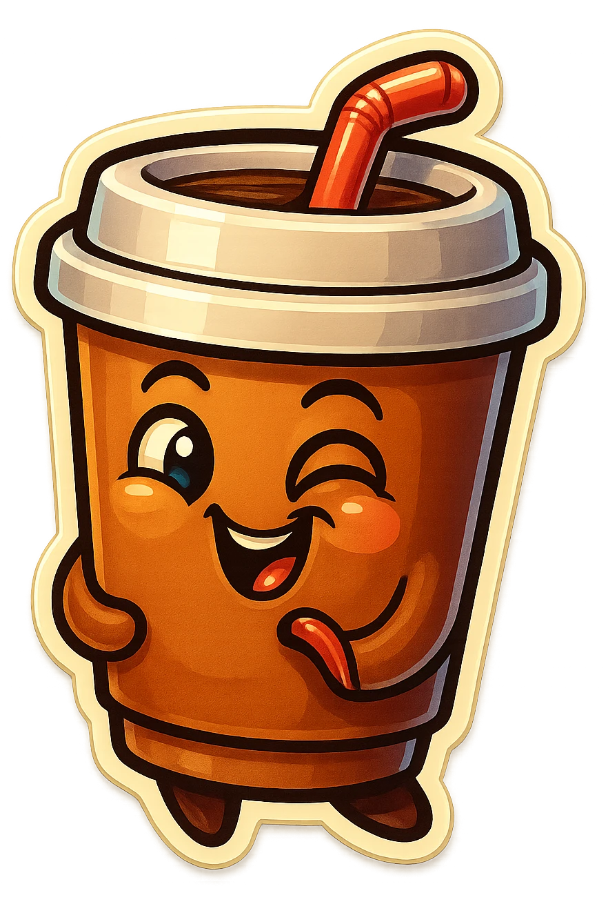 Tall coffee cup, amused, giggling, mischievous, drinking coffee with straw, looking sideways emoji
