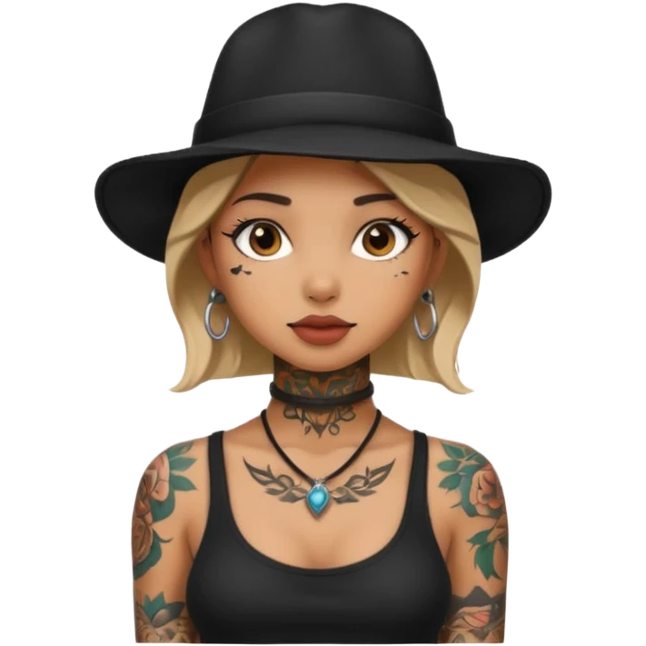 tattoo girl on her neck and body with black hat emoji