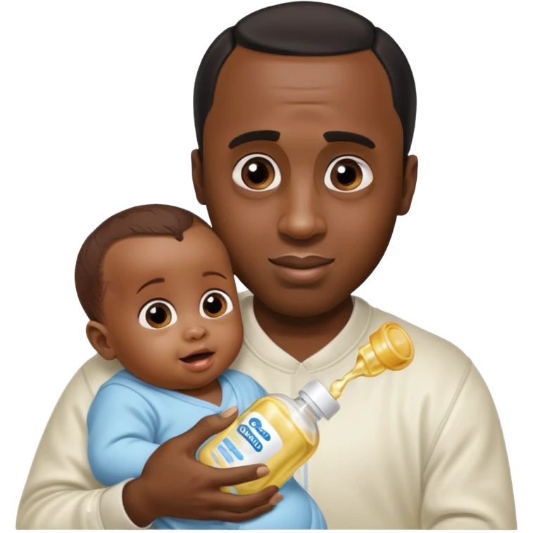Sean “Diddy” Combs with baby oil and a very small infant and he’s pouring the baby oil on the baby and they have a scared face they’re really scared while diddy is happy emoji