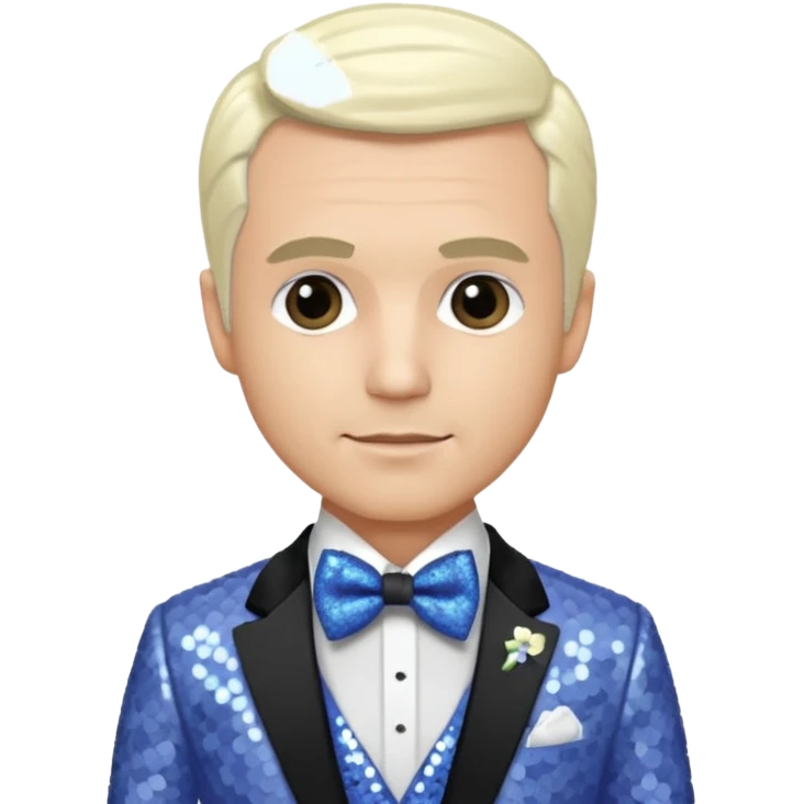 Freddie Prinze Jr with platinum blonde hair, periwinkle sequin suit with bow tie emoji
