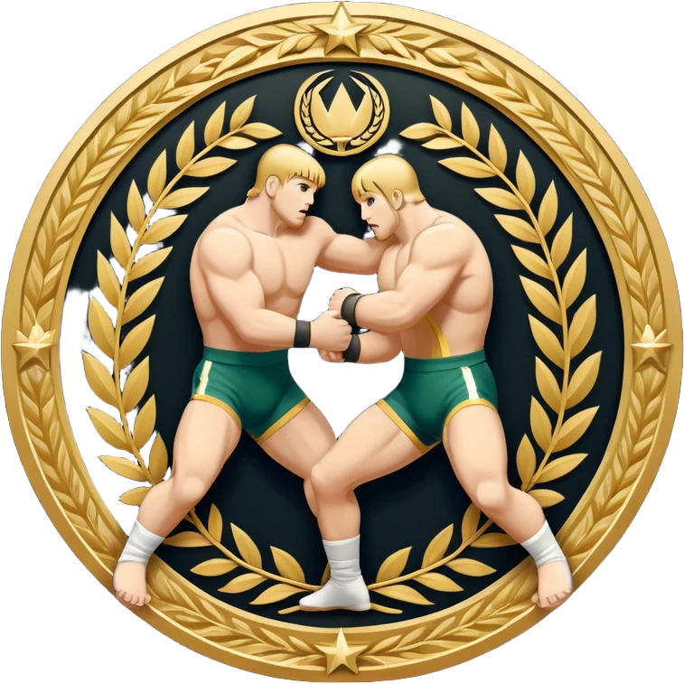 An icon symbolizing wrestling combat sports in the style of an emblem. The design features two wrestlers locked in a powerful grapple, one attempting to take the other down. Surrounding the scene are stylized elements like a championship belt, wrestling mat, and a laurel wreath.  emoji