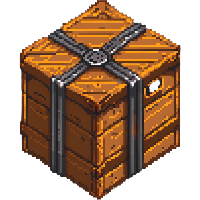 wooden crate with metal bands, orange brown color scheme, breakable box, 32x32 game asset emoji