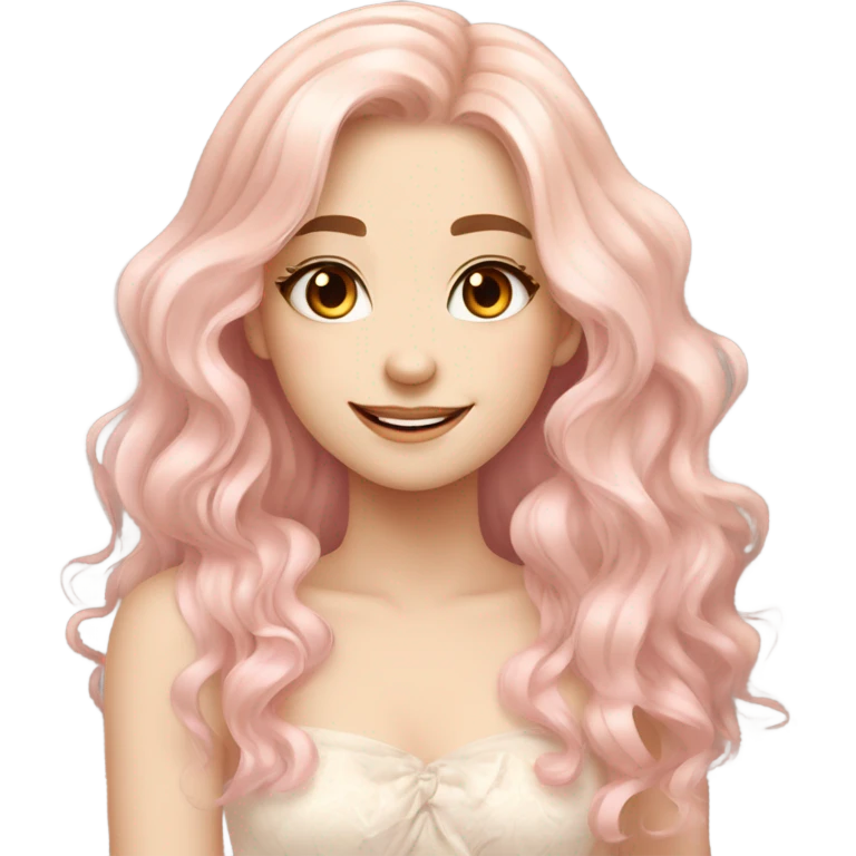Pretty girl with long wavy light peachy pastel pink hair, pale skin, brown doe eyes, light makeup, smiling gently, beautiful, dress, gentle  emoji