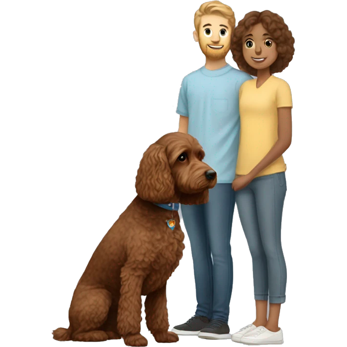 brown cockapoo from the side full body with girl and boy owners emoji