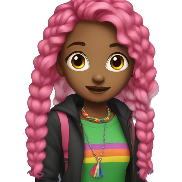 girl with bright pink and black in her hair with a green sweater and a red tie with shorts and a lot of rainbow bracelets  emoji