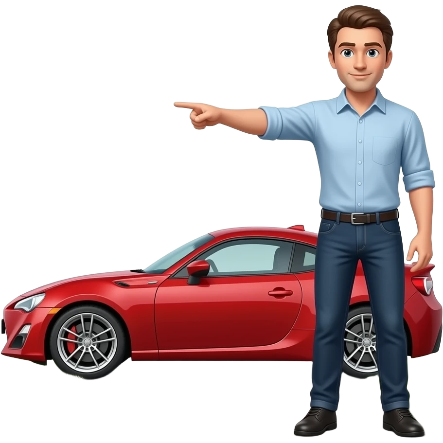 It creates an image of a man standing in the distance pointing towards a car emoji