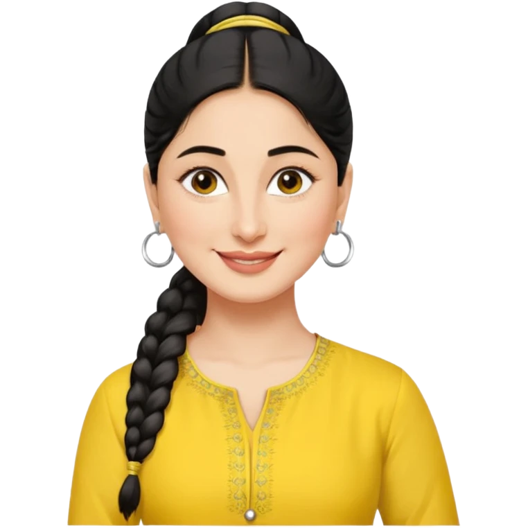 generate a pretty bratz emoji that looks like Kareena Kapoor's Geet character. 
Make her wear a yellow kurti, silver hoops, black hair in a ponytail. smiling big emoji