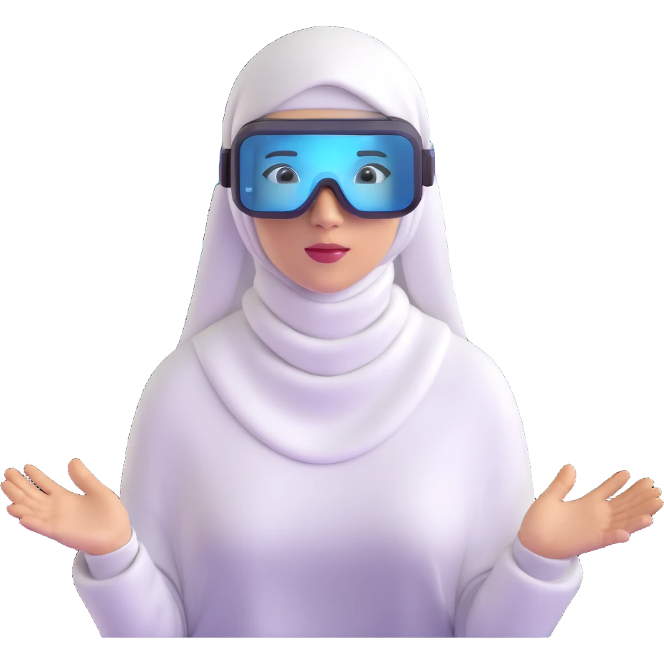 computer engineer with white hijab wearing AR glasses or VR headset, immersed in augmented reality, surrounded by floating metaverse elements, digital codes, virtual machines, tech graphics emoji