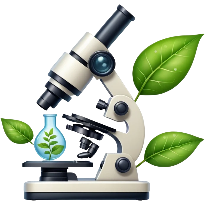 An icon featuring a microscope, a DNA strand, and a plant, symbolizing biology. The design includes animal cells, a leaf, and scientific formulas, representing the study of living organisms and ecosystems. Transparent background highlights biological research and discovery. emoji
