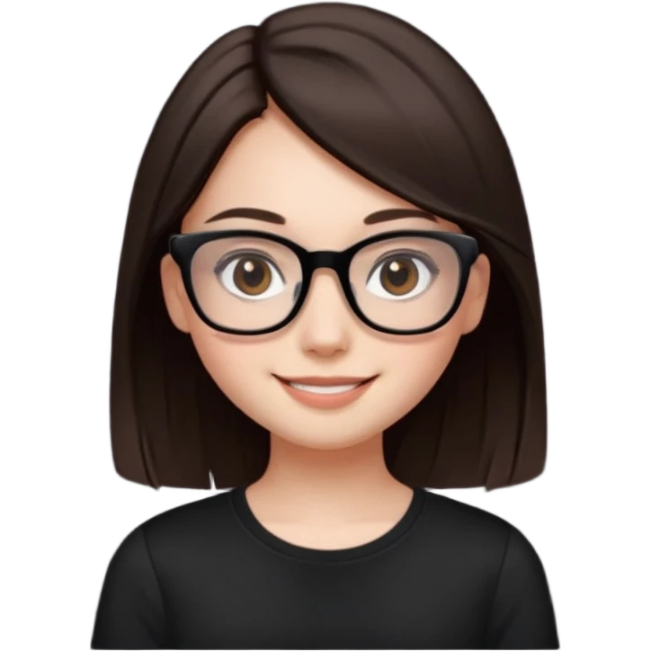 une ado, brune aux cheuveux tres fonces tres longs lisses blanche, ,lunettes carres/ rectanglesnoires, yeux bruns joues rose, haut noir emoji