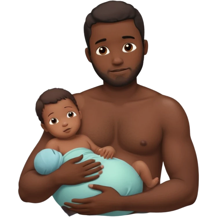 A shirtless pregnant burly black man breastfeeding his baby,  thd baby is suckling on his nipple emoji