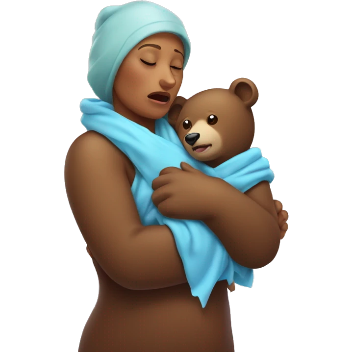 mama bear cradles her sick bear cub. she is holding her cub in her arms as he winces with an ice pack on his head emoji