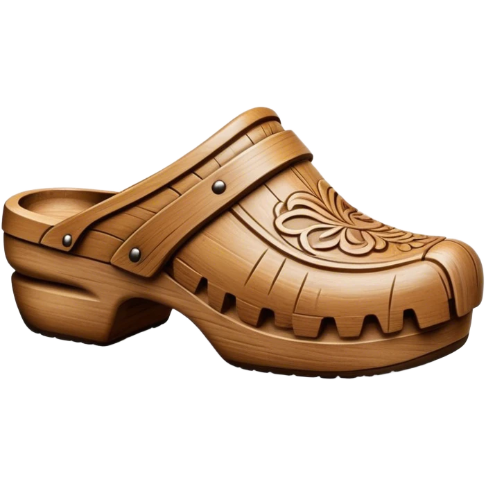 Cinematic Realistic Wooden Clogs Emoji, depicted as a pair of traditionally carved weathered wooden clogs with intricate details and rustic charm, rendered with rich textures and warm natural lighting that captures their cultural heritage. emoji