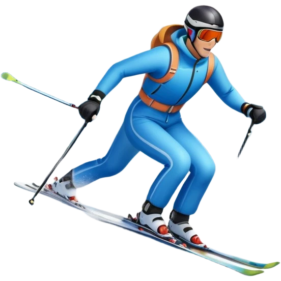 An icon featuring a skier racing down a snow-covered slope, surrounded by snowy peaks, pine trees, and a picturesque mountain landscape. The sky is blue with soft clouds, capturing the thrill and beauty of alpine skiing. Transparent background highlights the excitement and serenity of winter sports. emoji