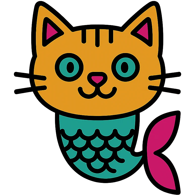 creative and colorful cat's face with a fish tail, colorful icon style emoji
