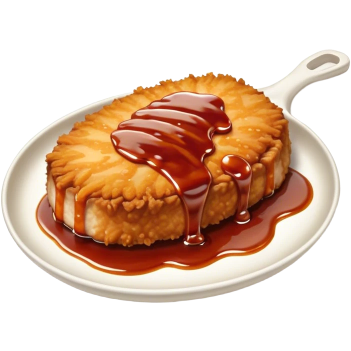 Tonkatsu Cinematic Realistic Tonkatsu Dish Emoji, depicted as a golden, crispy pork cutlet drizzled with tangy BBQ sauce, rendered with detailed textures and dynamic, appetizing lighting. emoji