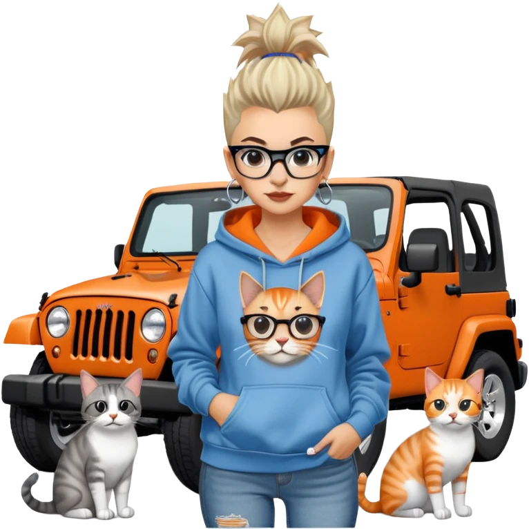 A woman with a Mohawk hair, retro cat glasses, wearing a pullover hoodie and jeans, with 4 cats: a black and white one, orange, orange and white and a gray tabby, next to a 4 door Blue Jeep Wrangler emoji