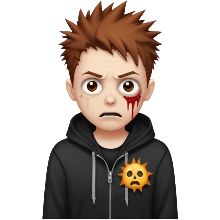 tired zombie with brown spiky hair, black hoodie, cartoon emoji style emoji