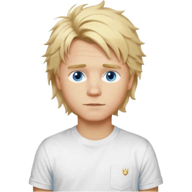 Create a look for a blond boy with long, tousled hair, light eyes, a white t-shirt, a wealthy appearance, blue eyes, and accessories like a Rolex or Cartier watch, and a cute face with messy hair down. emoji
