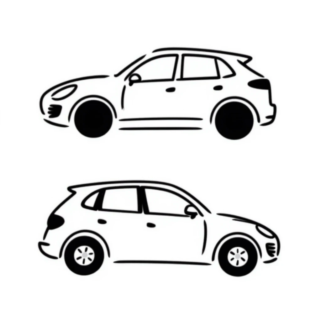 blueprint style illustration of a Porsche Cayenne, side and top view emoji