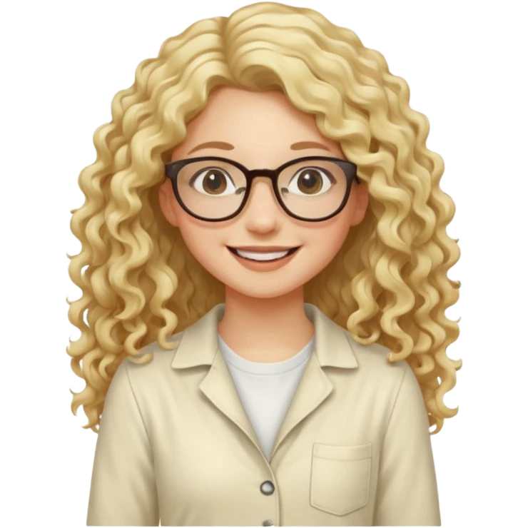 cewe kalem pake kacamata kulit putih rambut blonde Long Layered curly  baju  kodok warna cream tersenyum emoji