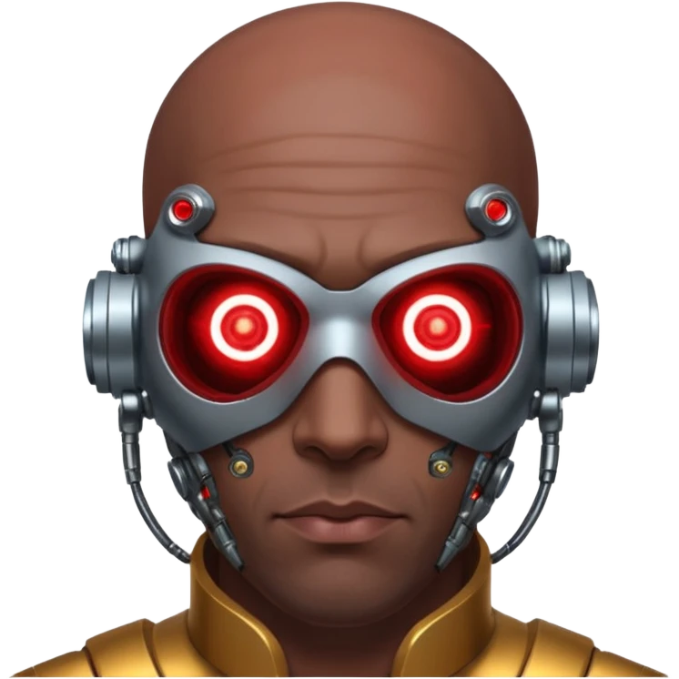bald dark brown man, half of his face covered in cyborg upgrades such as red laser emoji