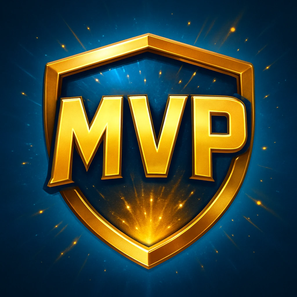 A gleaming, stylized badge with bold, slightly futuristic lettering 'MVP' set against a dynamic, gradient background of electric blue and gold. Small, energetic particle effects emanate from the text. emoji