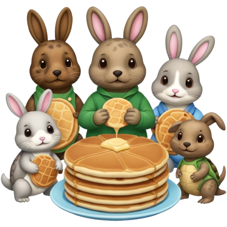 Seal, dog, bunny, turtle all eating pancakes in 1 image together emoji