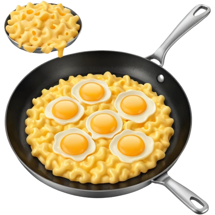 Fried Scrambled eggs mixed in with some cheesy Mac and cheese on a frying pan emoji