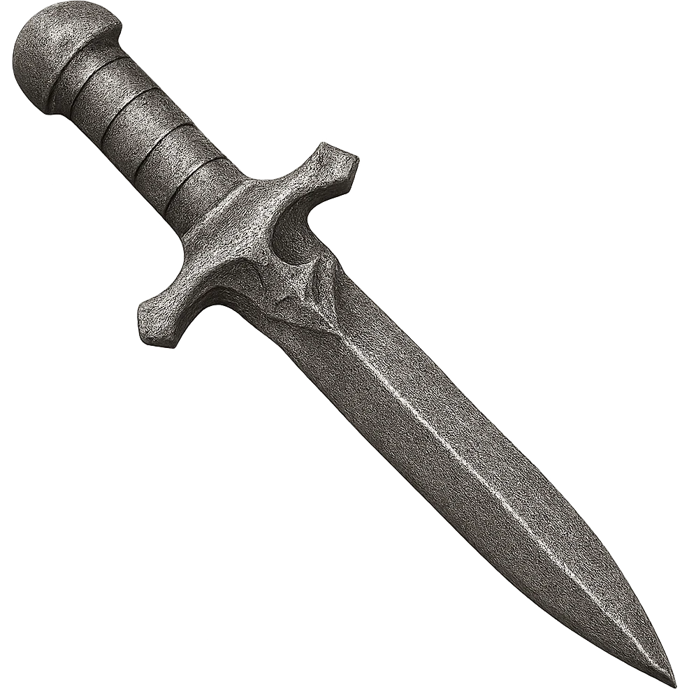 Recolor this bronze dagger to a slightly worn iron, keep the same shape, realistic metallic iron, emoji style, transparent background. emoji