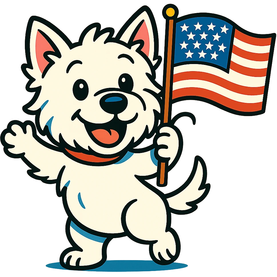 fun friendly Westie dog waving a US flag, cute cheerful energetic patriotic, vibrant toon style emoji