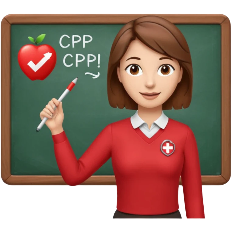 very Happy Teacher, female, brown hair up, wearing a red long sleeve top holding a pointer stick to a white board with a CPR logo. emoji