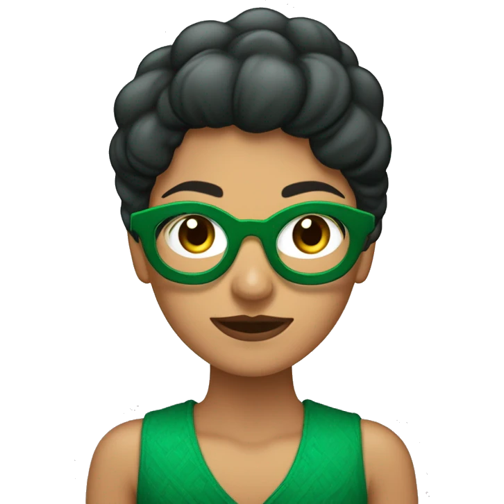 Mujer morena con ojos verdes, pecas, lentes cuadrados y cabello lacio corto. Cobrizo  emoji