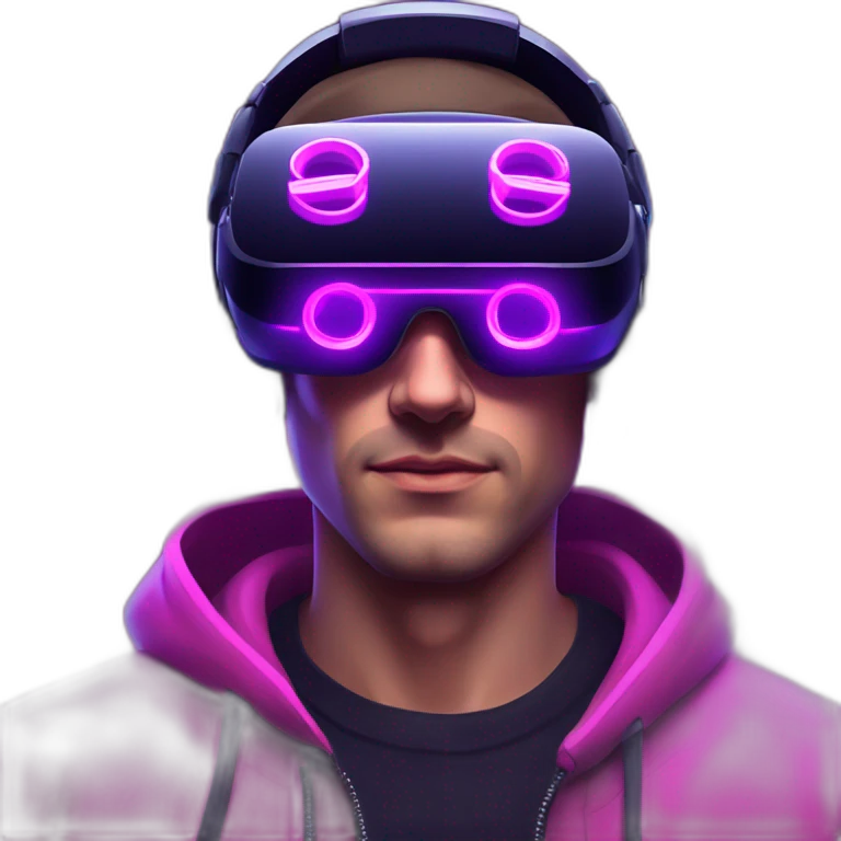 Russian man wearing a black hoodie with "OMG" letters on it and VR headset in a cyberpunk VR environment with violet neon lighting. emoji