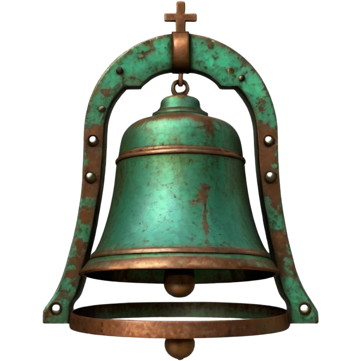 3D render of Church Bell, heavily oxidized copper texture, verdigris patina, Green weathered metal surface, weathered bronze aesthetic, ancient decay, emoji style, isolated on white background --v 6.0. emoji