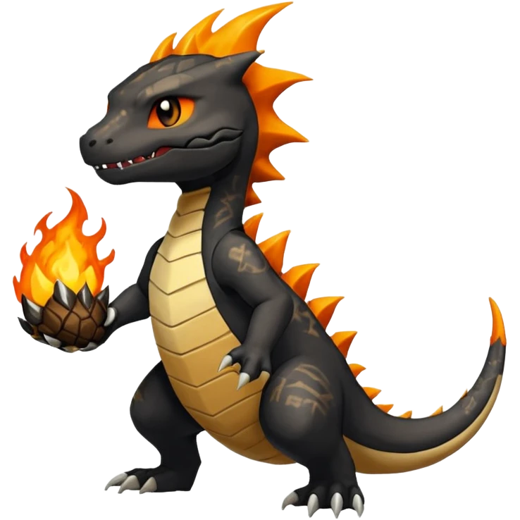 Magmatic fiery badass cool obsidian-Black and golden-orange Helioptile-Marowak-Charmander-Fakémon-hybrid-creature (full body)  emoji