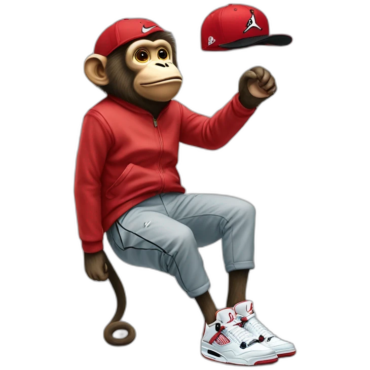 Monkey wearing Jordan 4 on its  feet  with a bunch of Nike clothes  with a Nike hat emoji