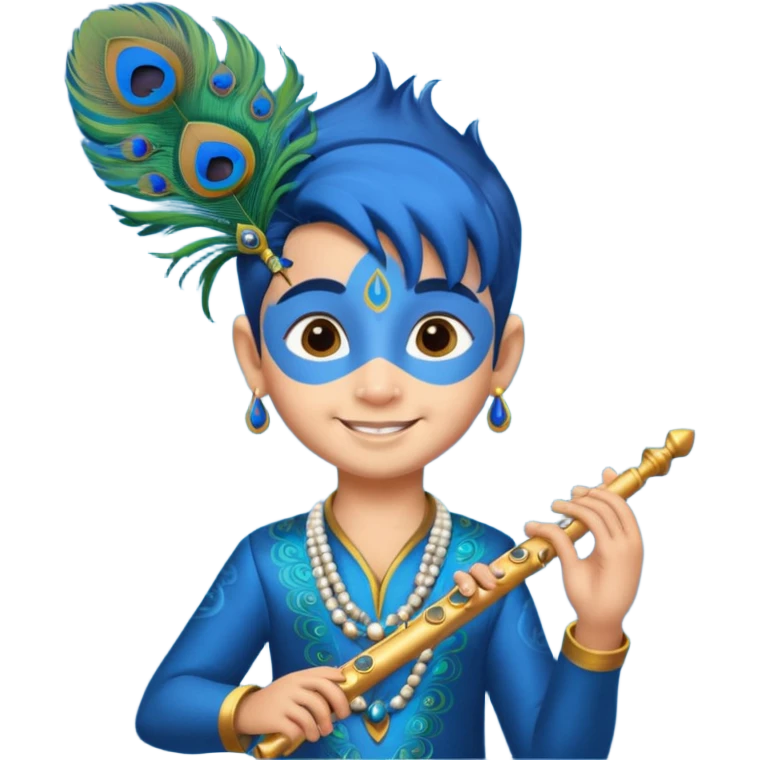 Kid Krishna, playful, holding a flute, blue skin, peacock feather in hair emoji