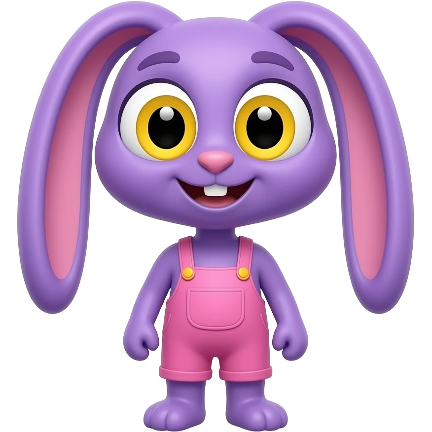 Purple cartoon bunny rabbit, with wide yellow eyes, black rectangular pupils, yellow smiles, wearing pink overalls, long thin neck emoji