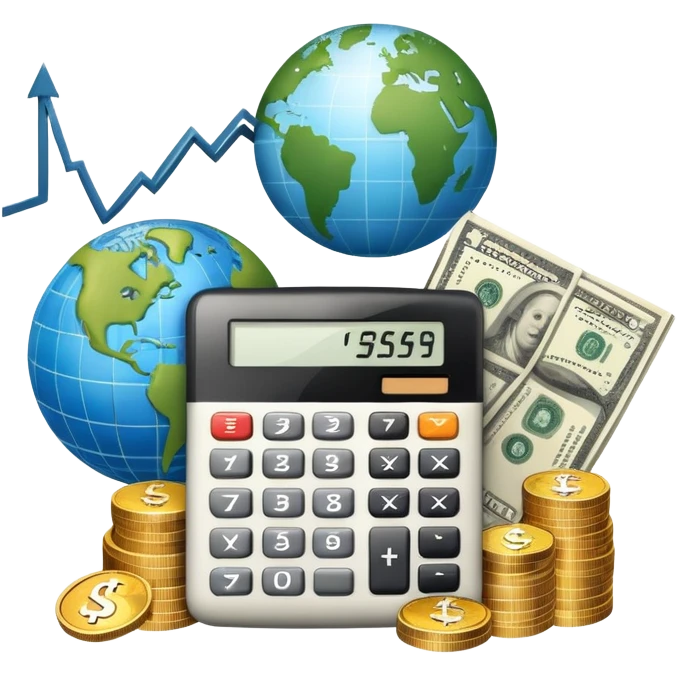 An icon featuring a calculator, a dollar sign, and a chart with upward trends, symbolizing economics. The design includes coins, bills, and a globe, representing global trade and financial systems. Transparent background highlights the study of markets, supply, and demand. emoji